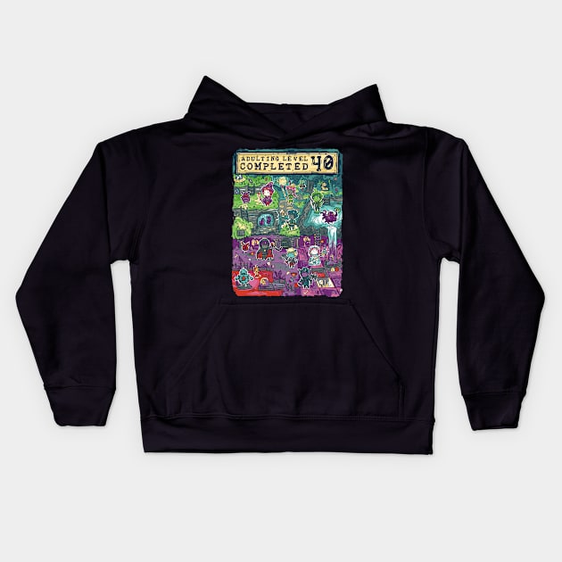 Adulting Level 40 Completed Birthday Gamer Kids Hoodie by Norse Dog Studio